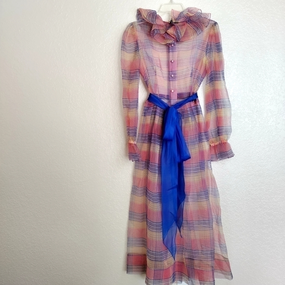 Vintage Lee Jordan New York sheer chiffon long sleeve belted maxi dress sz S - Picture 2 of 11